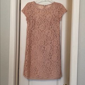 Short sleeve, lace overlay, rose color dress